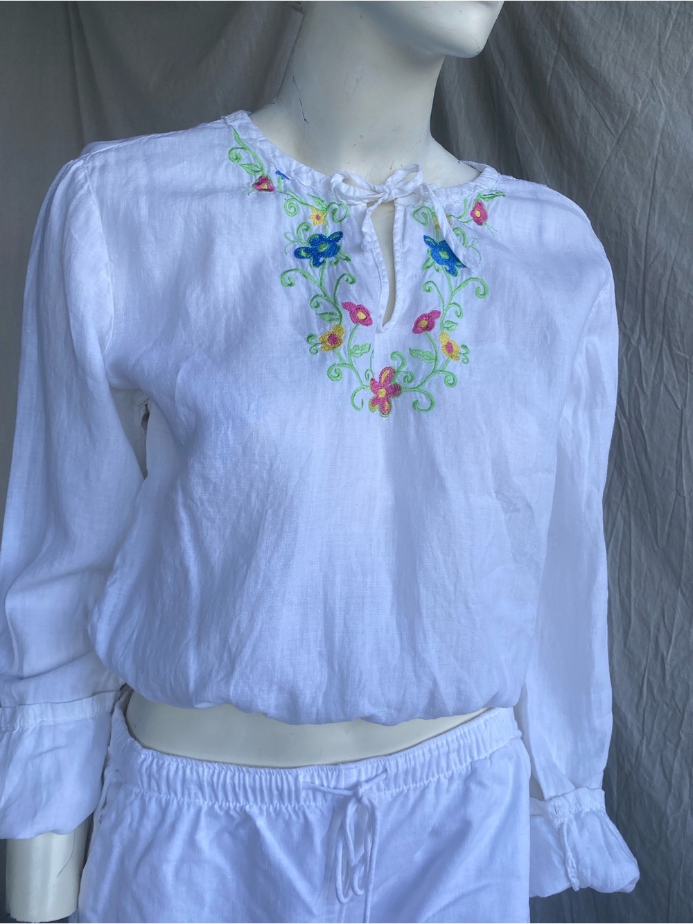 Linen Embroidered Boho Crop Peasant Blouse White